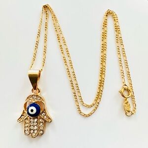 18K Gold Plated Hamsa Pendant Necklace with Blue Eye. New